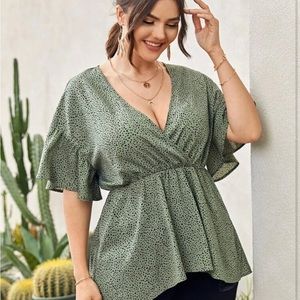 Plus Allover Print Surplice Front Peplum Blouse